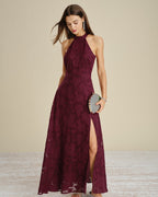 Lace Maxi Dress with Halter Neck and High Side Slit - Wine Red
