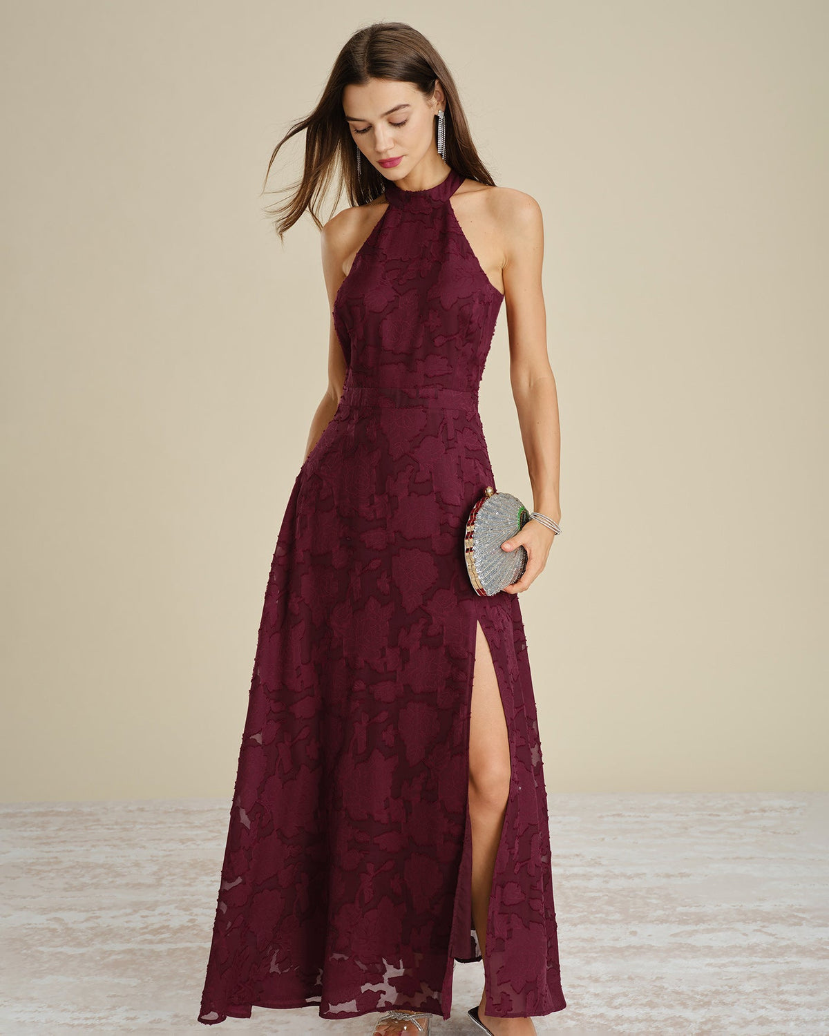 Lace Maxi Dress with Halter Neck and High Side Slit - Wine Red