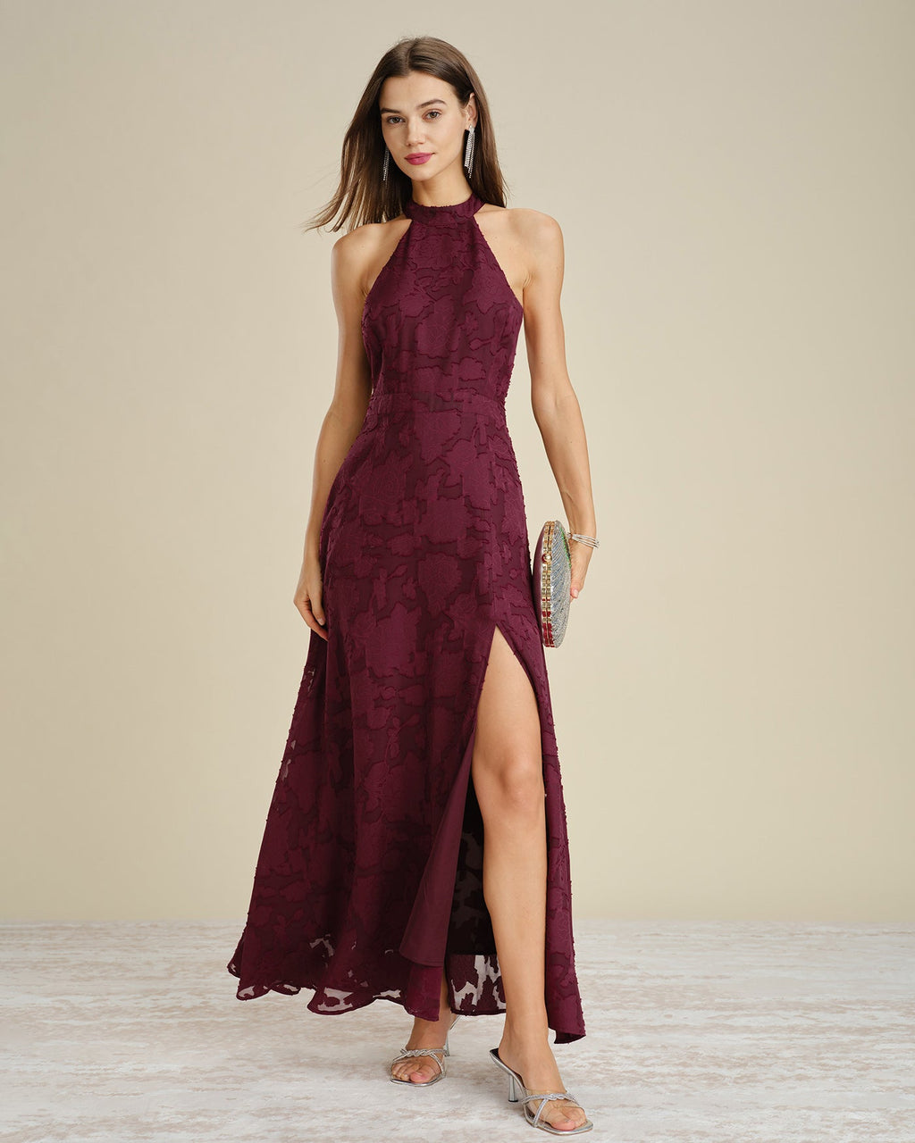 Lace Maxi Dress with Halter Neck and High Side Slit - Wine Red