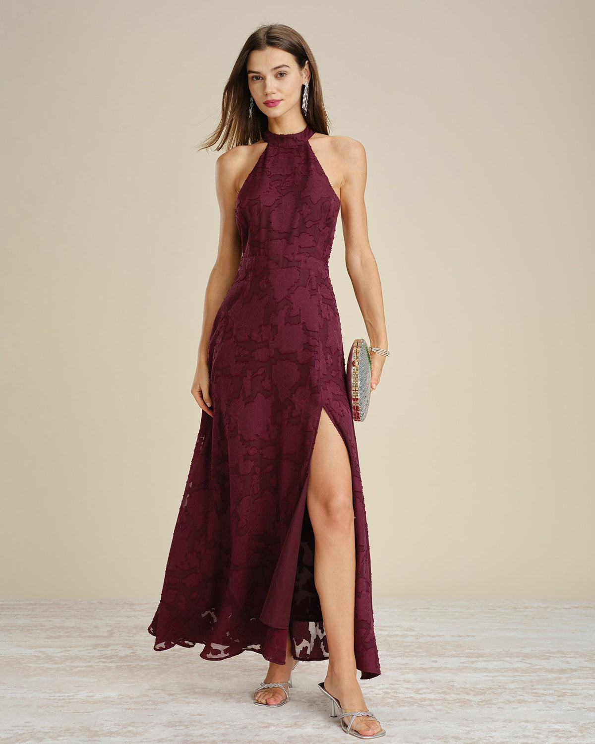 Lace Maxi Dress with Halter Neck and High Side Slit - Wine Red