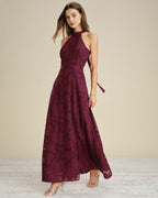 Lace Maxi Dress with Halter Neck and High Side Slit - Wine Red