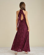 Lace Maxi Dress with Halter Neck and High Side Slit - Wine Red
