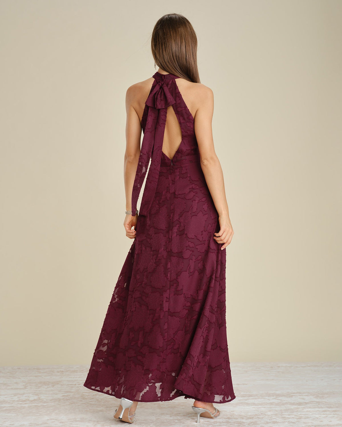 Lace Maxi Dress with Halter Neck and High Side Slit - Wine Red