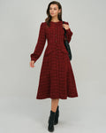 Lantern Sleeve Midi Dress with Round Neck and Button Front - Red