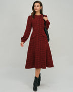Lantern Sleeve Midi Dress with Round Neck and Button Front - Red