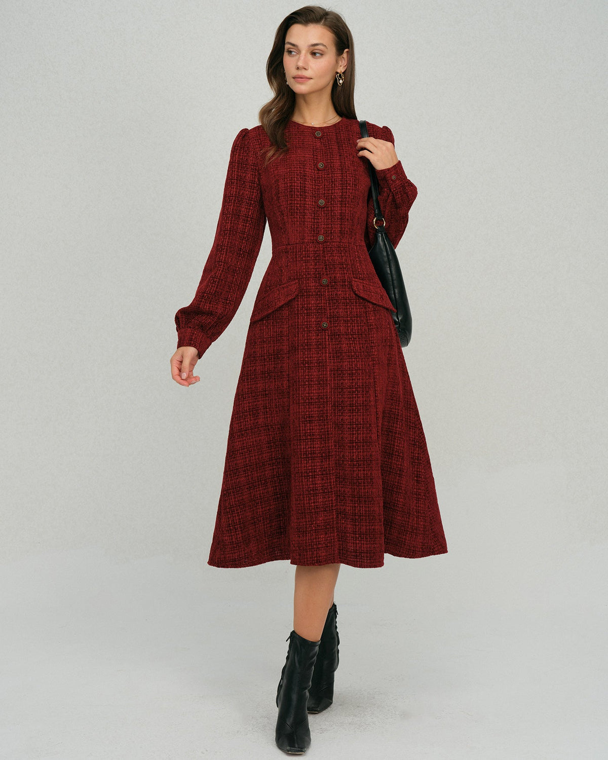 Lantern Sleeve Midi Dress with Round Neck and Button Front - Red