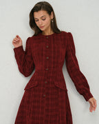Lantern Sleeve Midi Dress with Round Neck and Button Front - Red