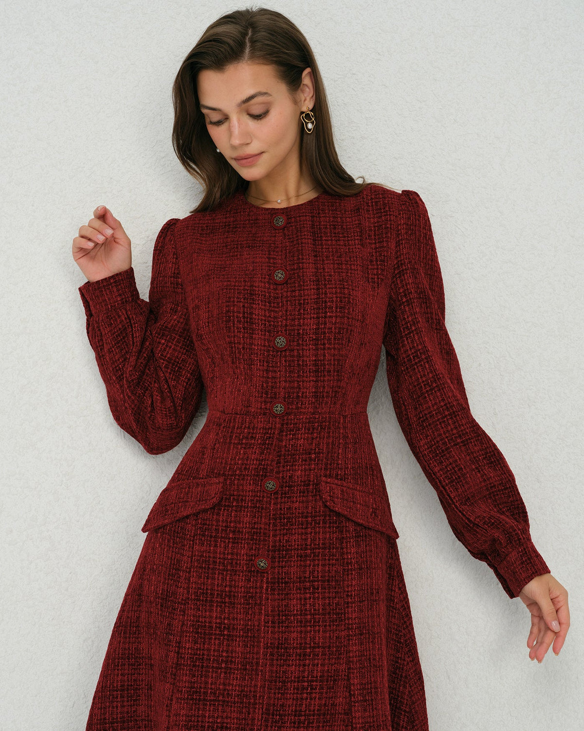 Lantern Sleeve Midi Dress with Round Neck and Button Front - Red