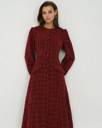 Lantern Sleeve Midi Dress with Round Neck and Button Front - Red