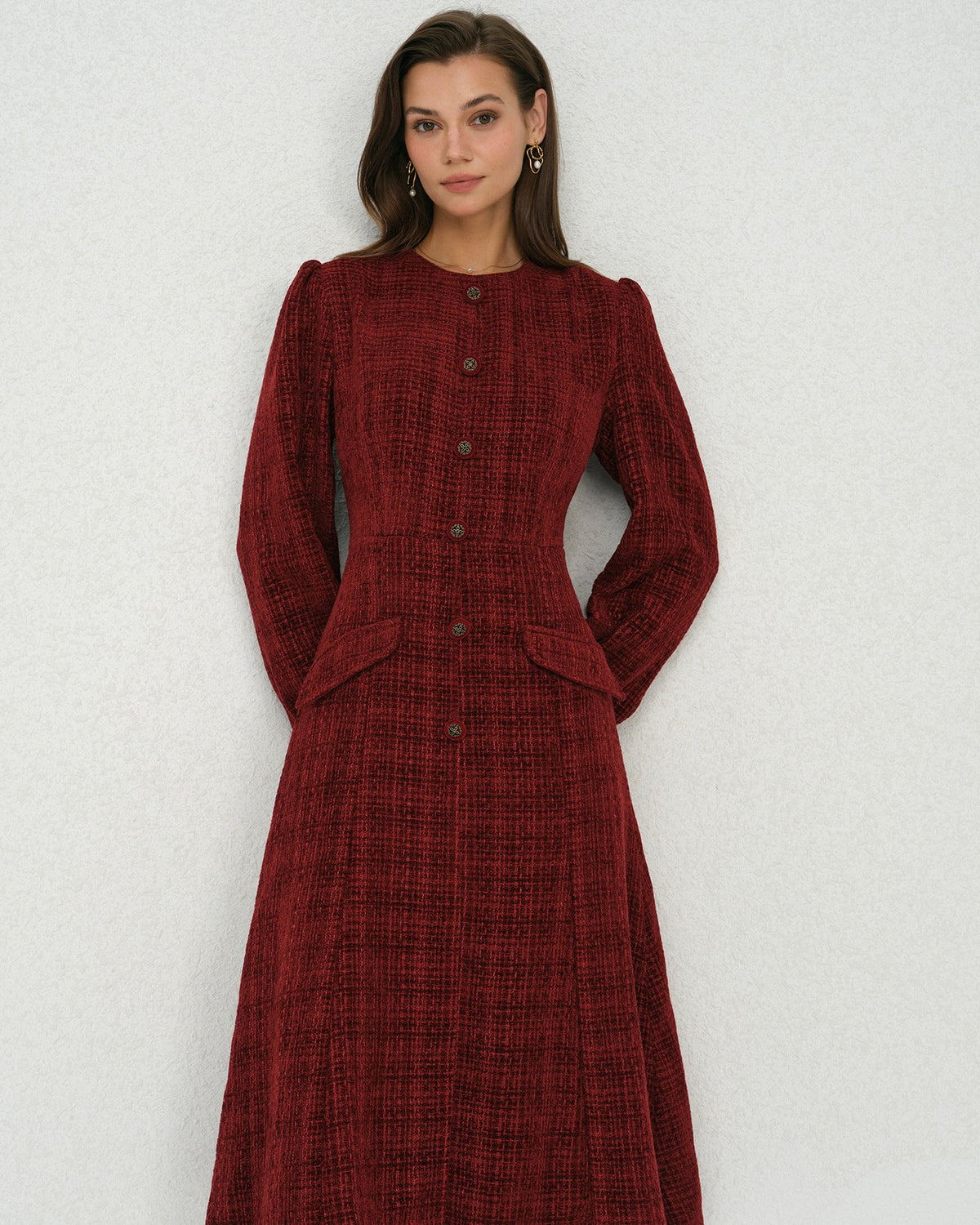 Lantern Sleeve Midi Dress with Round Neck and Button Front - Red