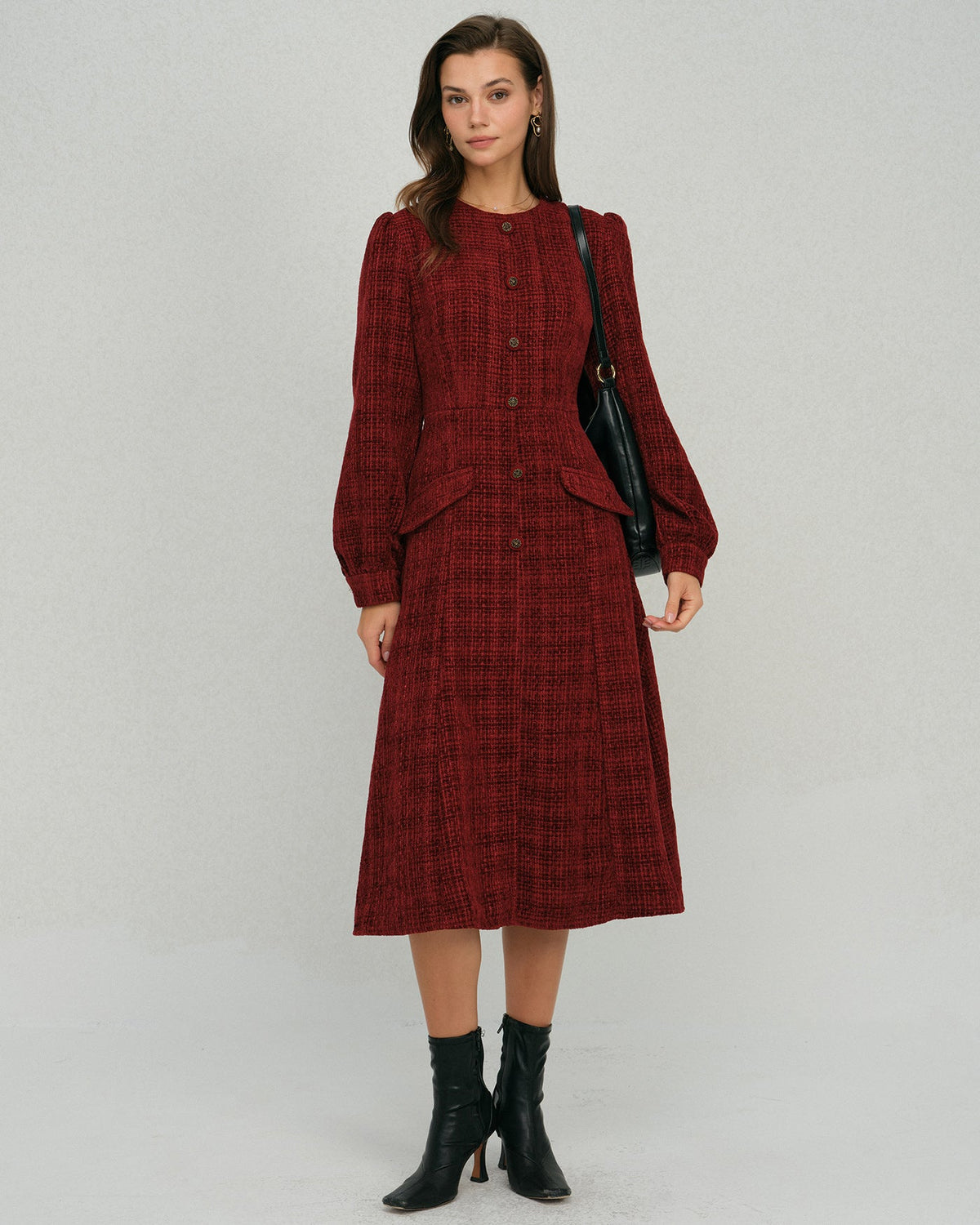 Lantern Sleeve Midi Dress with Round Neck and Button Front - Red
