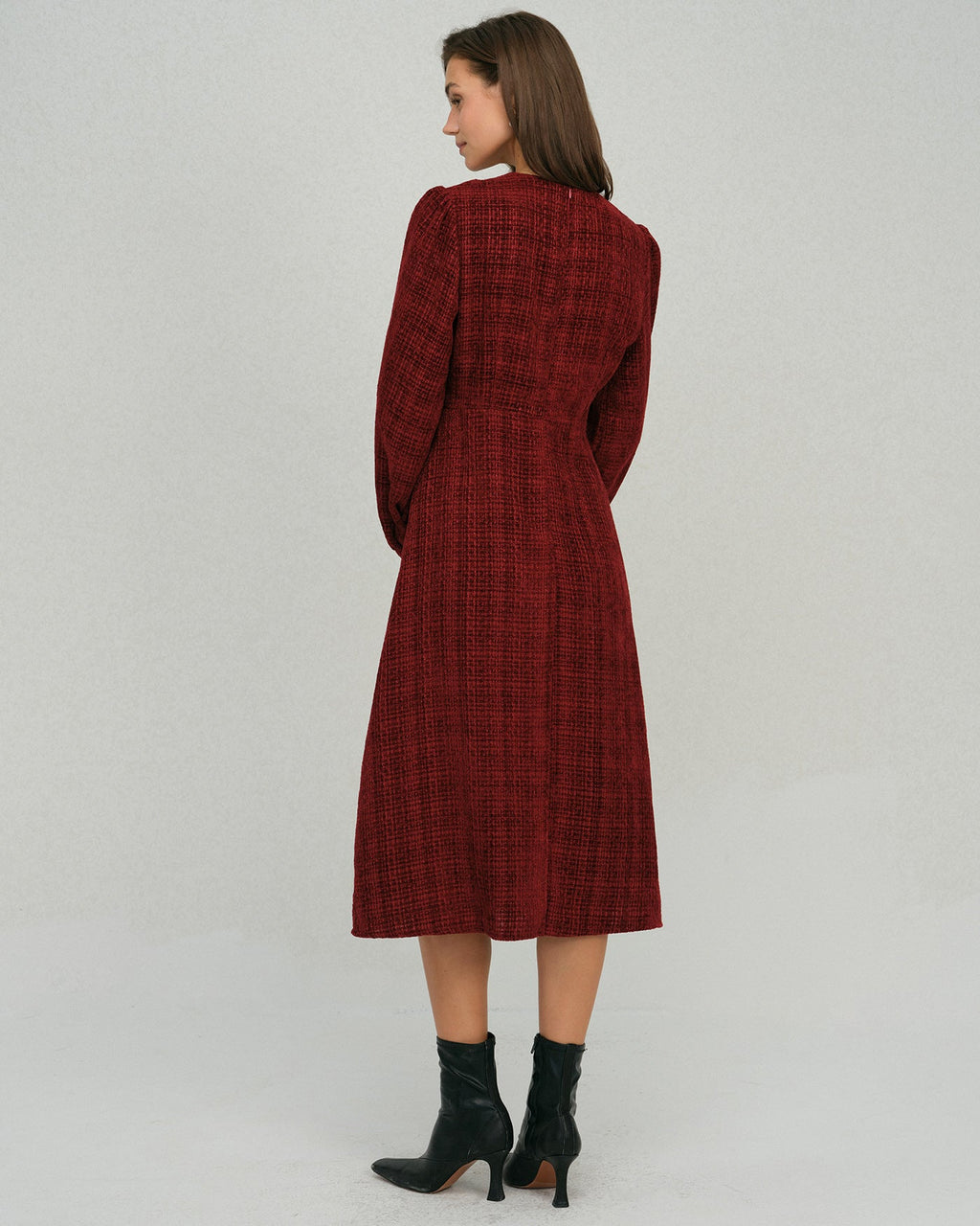 Lantern Sleeve Midi Dress with Round Neck and Button Front - Red
