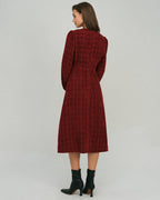 Lantern Sleeve Midi Dress with Round Neck and Button Front - Red