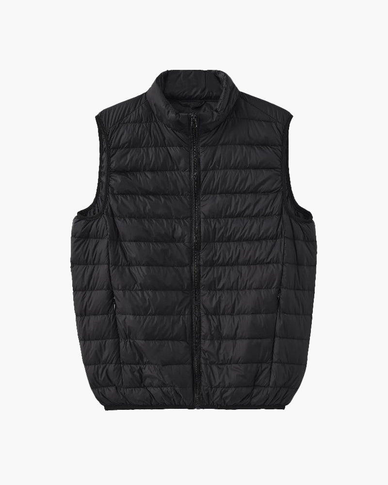 Lightweight Padded Gilet with Stand Collar and Zip Front - Black