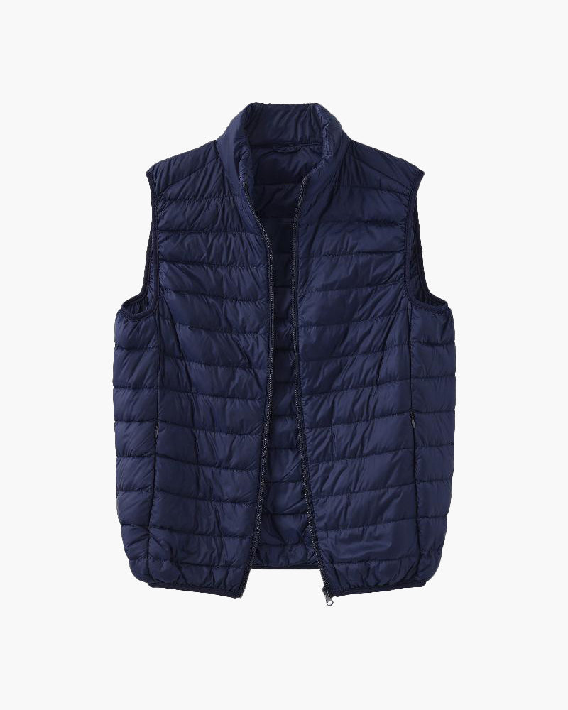 Lightweight Padded Gilet with Stand Collar and Zip Front - Navy
