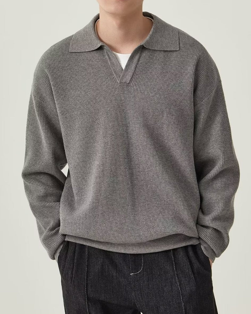Long Sleeve Knit Polo with Open Collar and Textured Weave - Grey