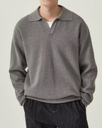 Long Sleeve Knit Polo with Open Collar and Textured Weave - Grey