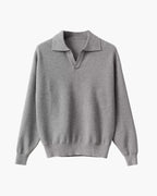 Long Sleeve Knit Polo with Open Collar and Textured Weave