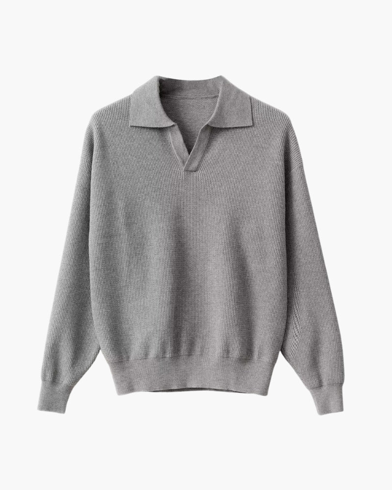 Long Sleeve Knit Polo with Open Collar and Textured Weave