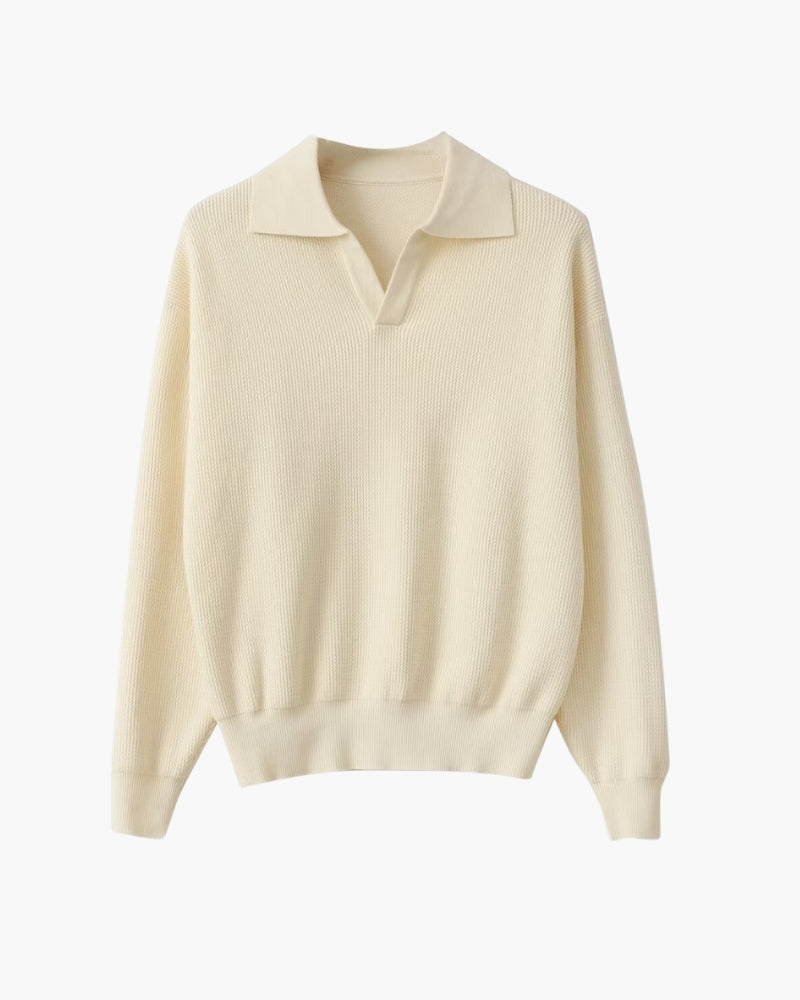 Long Sleeve Knit Polo with Open Collar and Textured Weave - Ivory