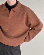 Long Sleeve Knit Polo with Open Collar and Textured Weave - Brown