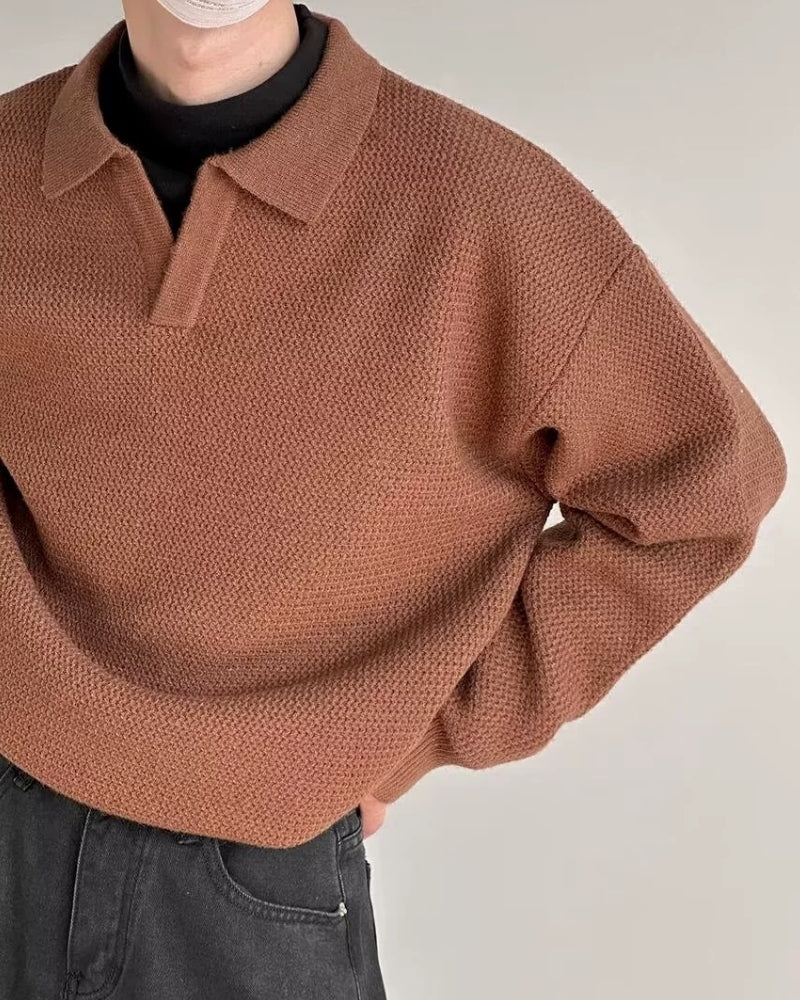 Long Sleeve Knit Polo with Open Collar and Textured Weave - Brown