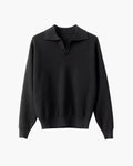 Long Sleeve Knit Polo with Open Collar and Textured Weave - Black