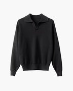 Long Sleeve Knit Polo with Open Collar and Textured Weave - Black