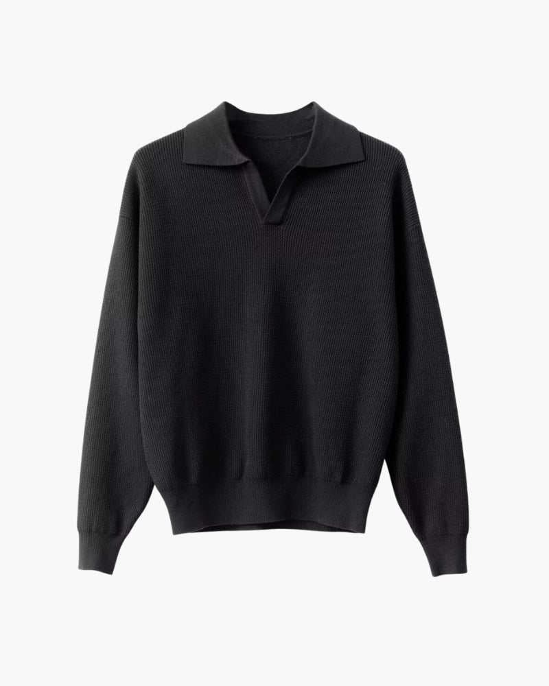 Long Sleeve Knit Polo with Open Collar and Textured Weave - Black