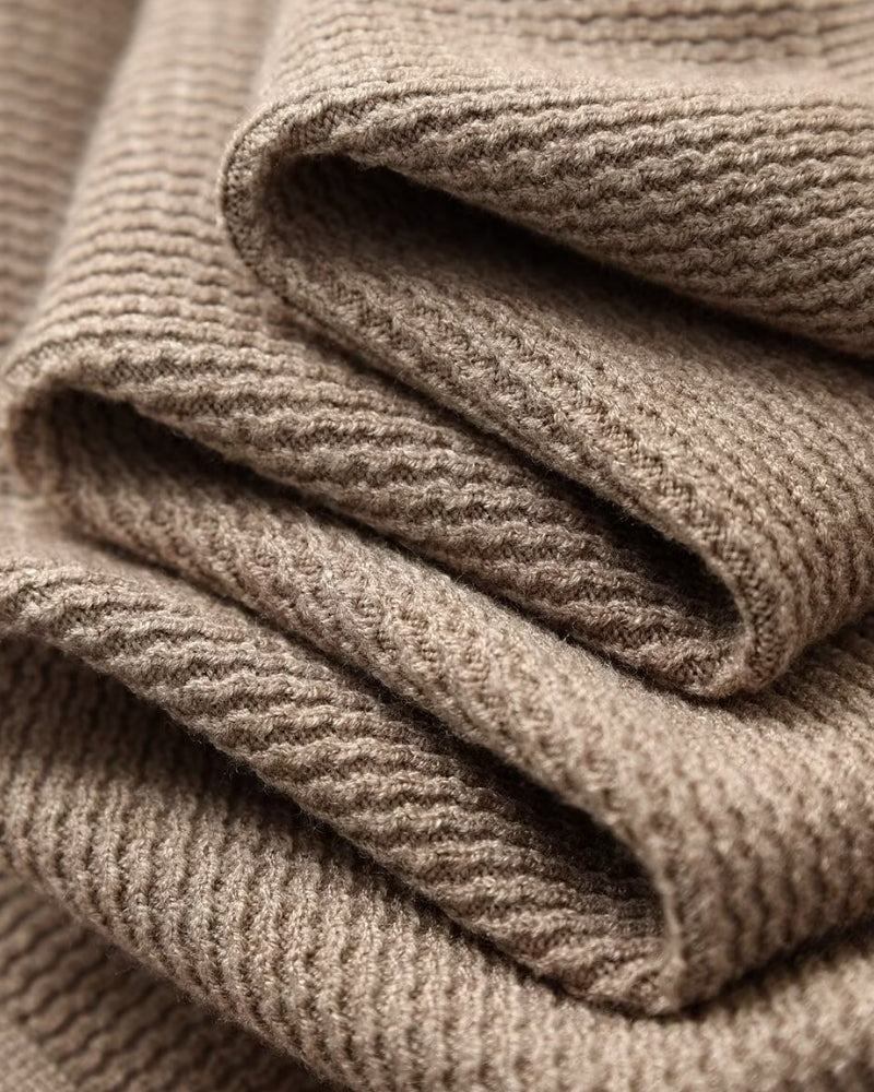 Long Sleeve Knit Polo with Open Collar and Textured Weave