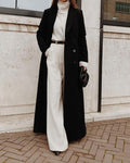 Longline Button Coat with Notch Collar and Side Pockets - Black