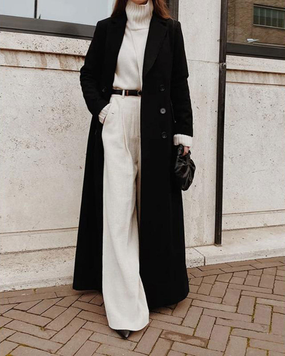 Longline Button Coat with Notch Collar and Side Pockets - Black