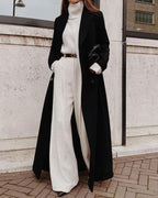 Longline Button Coat with Notch Collar and Side Pockets - Black