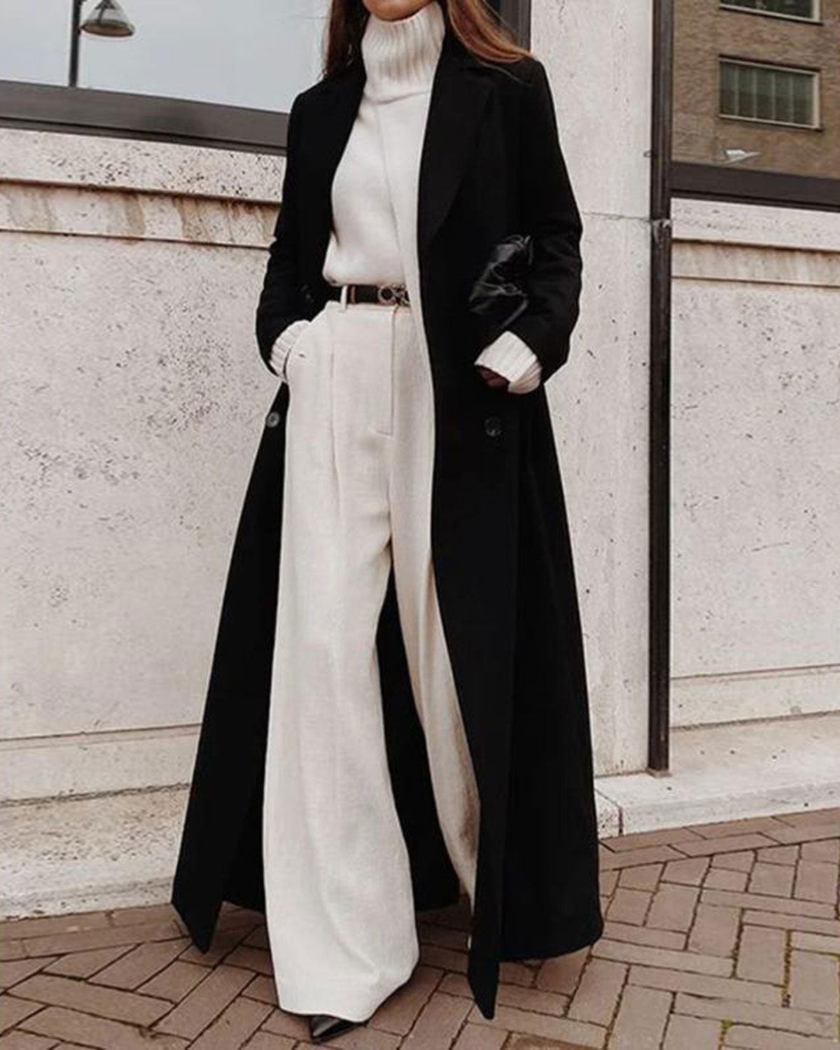 Longline Button Coat with Notch Collar and Side Pockets - Black