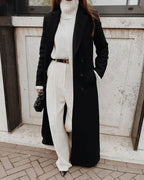Longline Button Coat with Notch Collar and Side Pockets - Black