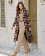 Longline Check Coat with Point Collar and Patch Pockets - Brown