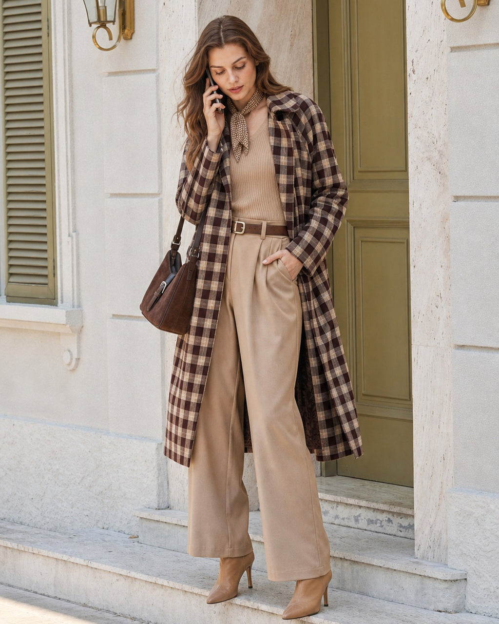 Longline Check Coat with Point Collar and Patch Pockets - Brown