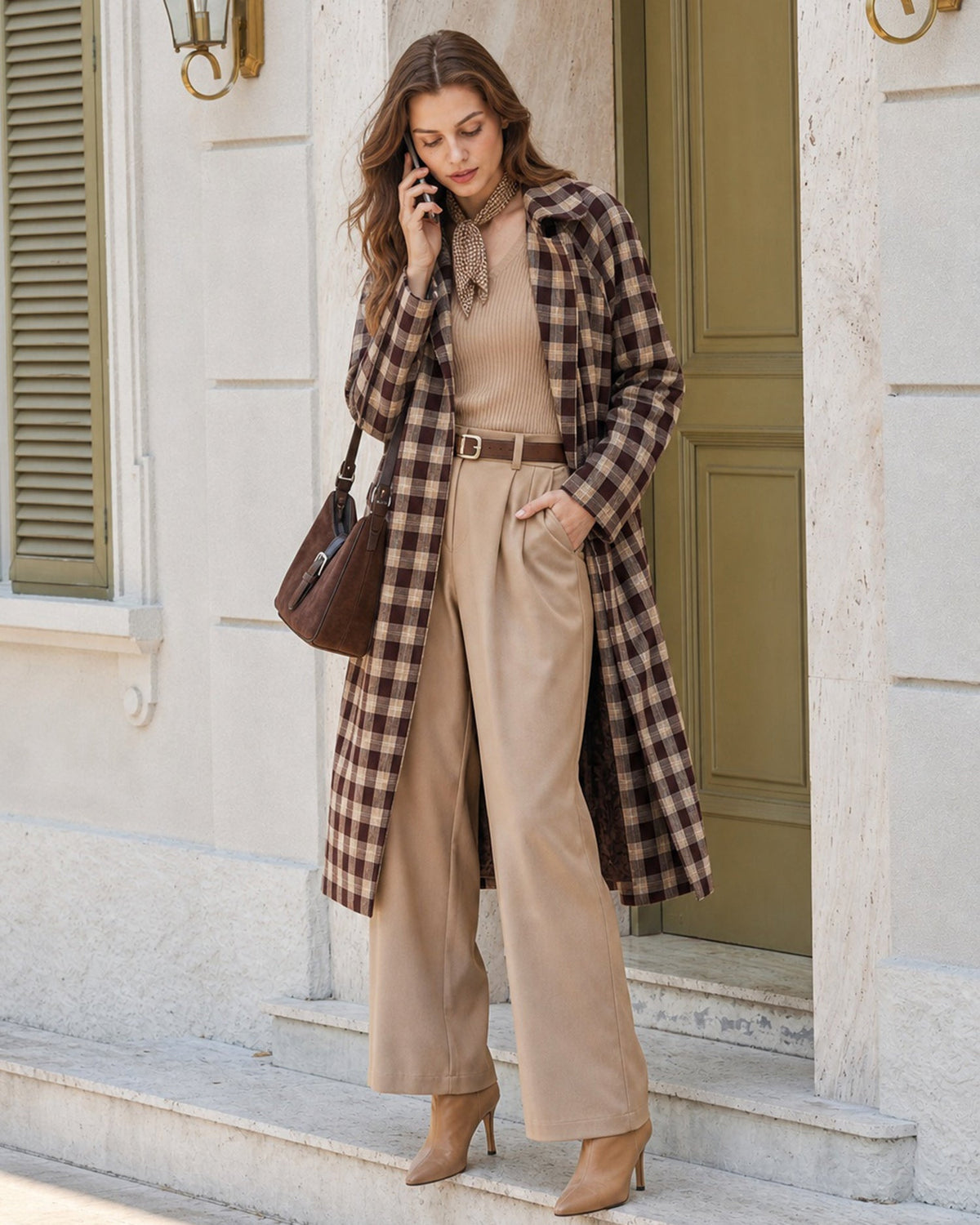 Longline Check Coat with Point Collar and Patch Pockets - Brown