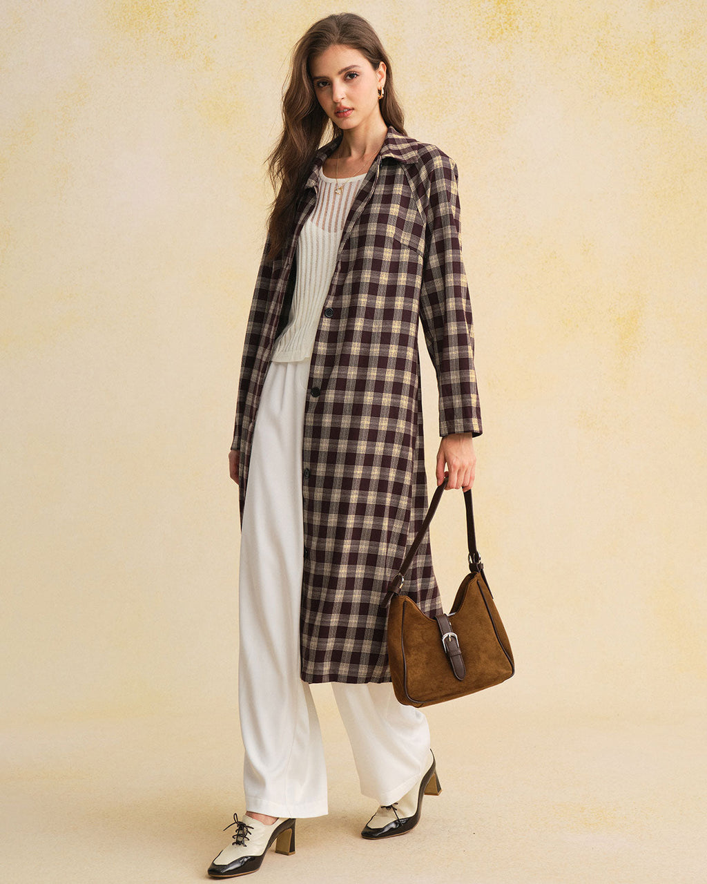 Longline Check Coat with Point Collar and Patch Pockets - Brown