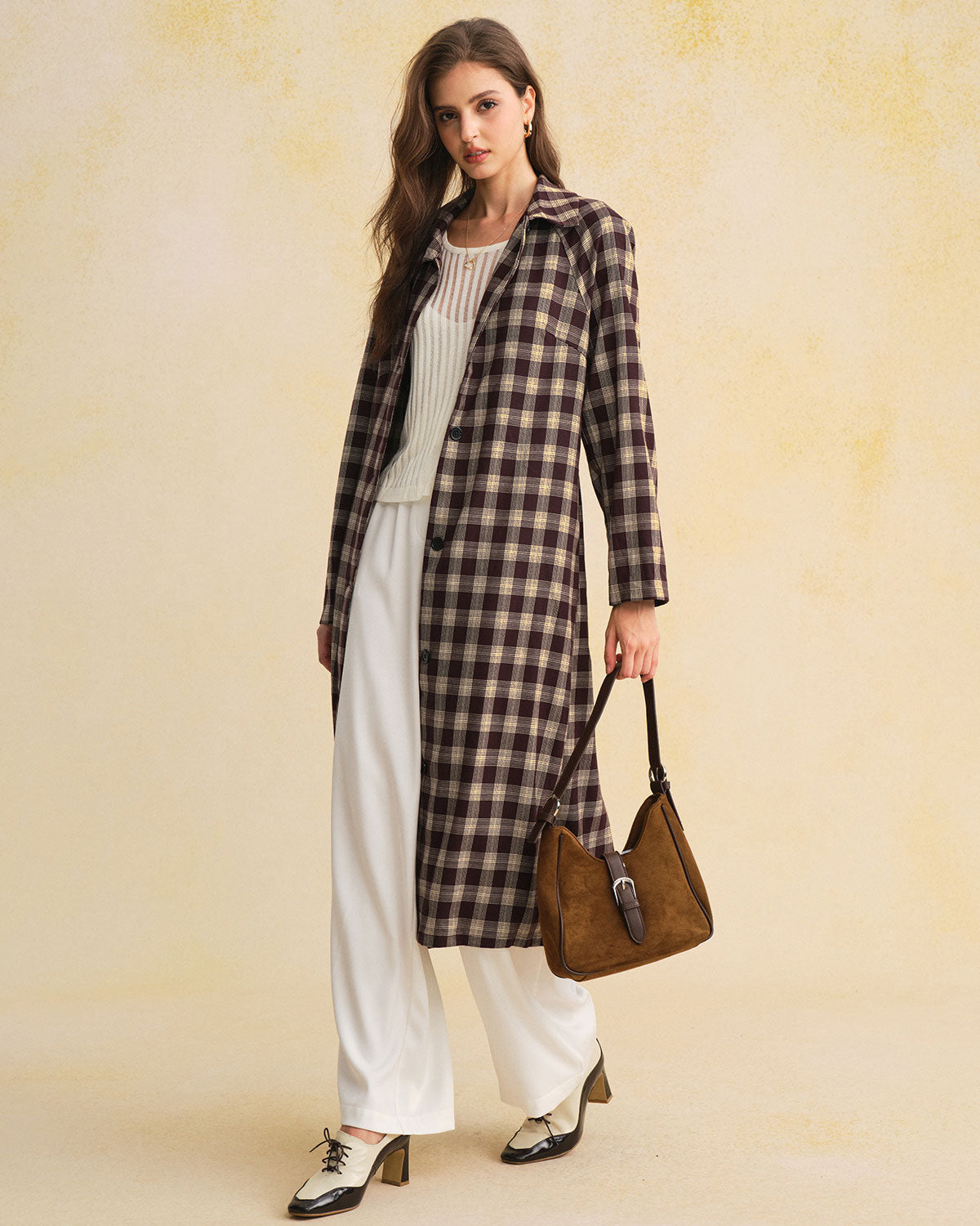 Longline Check Coat with Point Collar and Patch Pockets - Brown