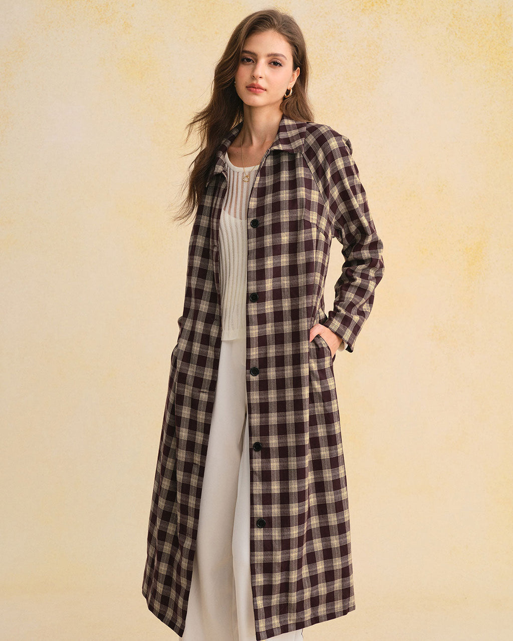 Longline Check Coat with Point Collar and Patch Pockets - Brown