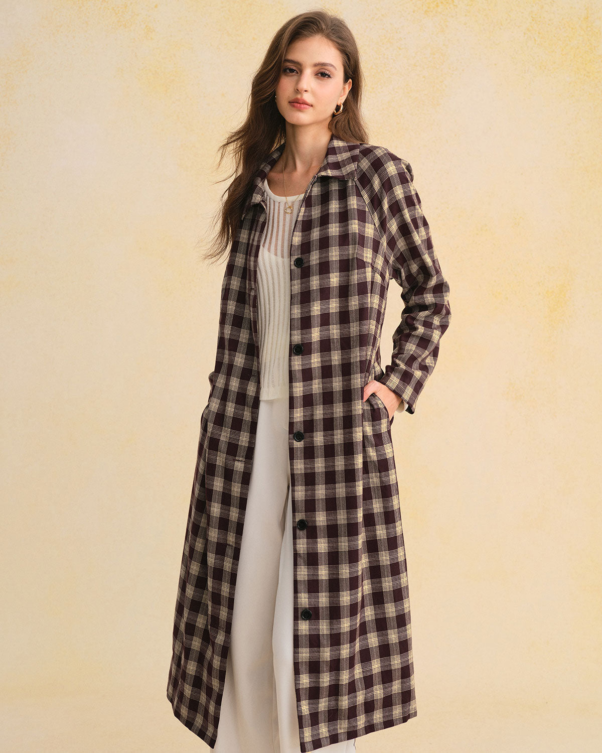 Longline Check Coat with Point Collar and Patch Pockets - Brown