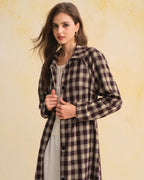 Longline Check Coat with Point Collar and Patch Pockets - Brown