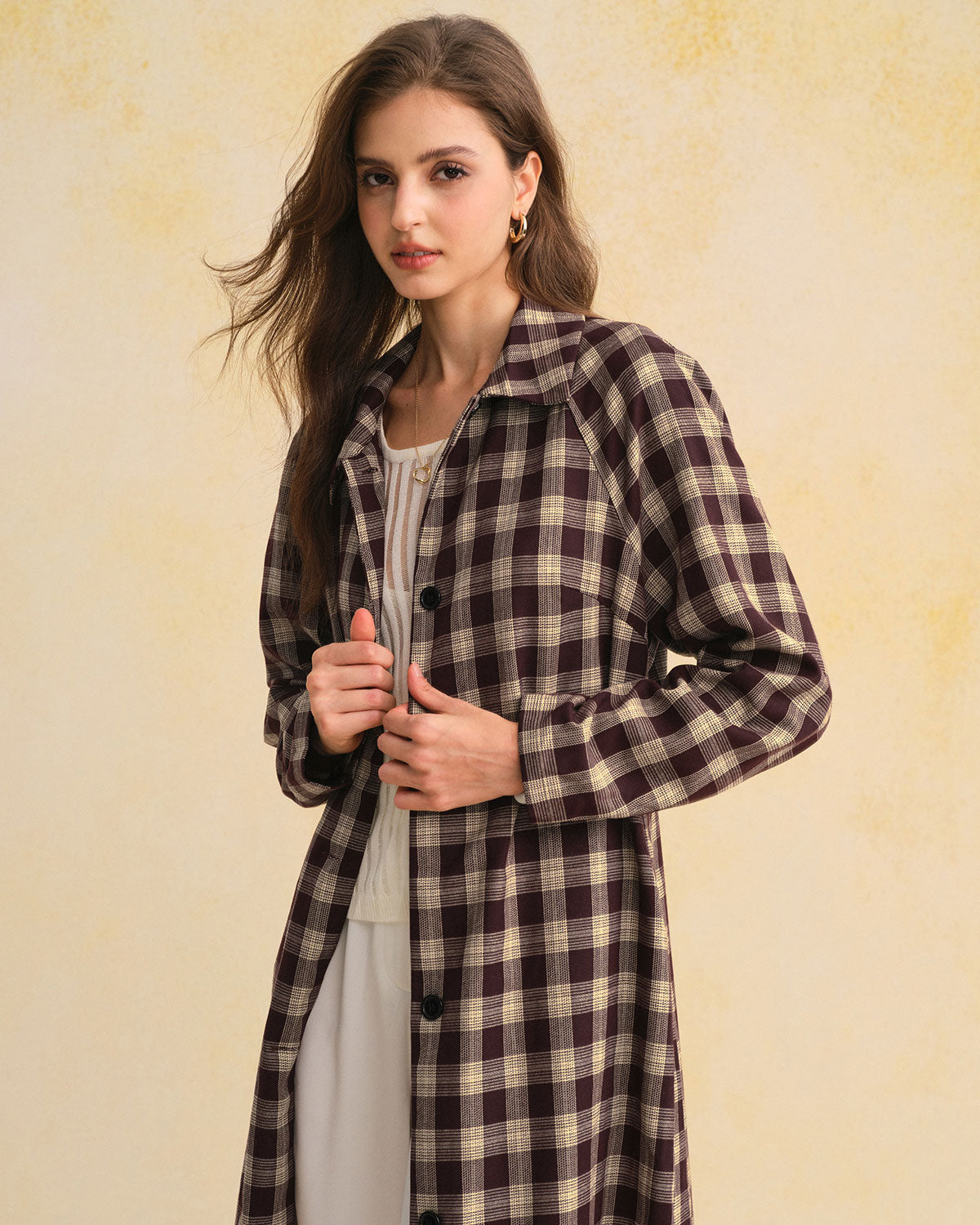 Longline Check Coat with Point Collar and Patch Pockets - Brown