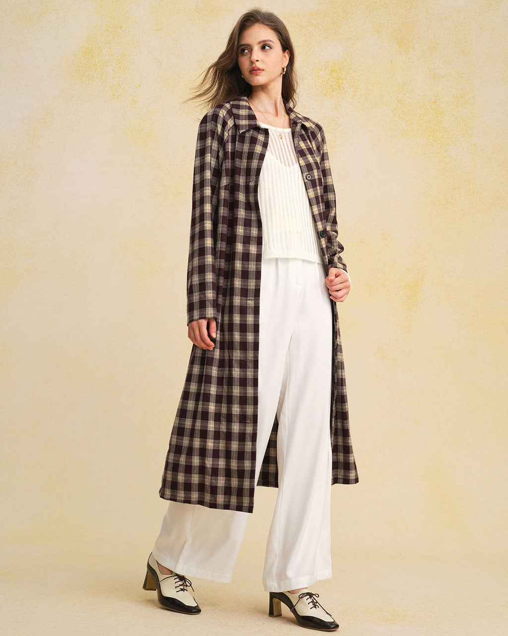 Longline Check Coat with Point Collar and Patch Pockets - Brown