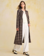Longline Check Coat with Point Collar and Patch Pockets - Brown