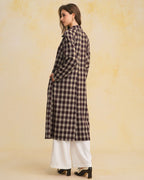 Longline Check Coat with Point Collar and Patch Pockets - Brown