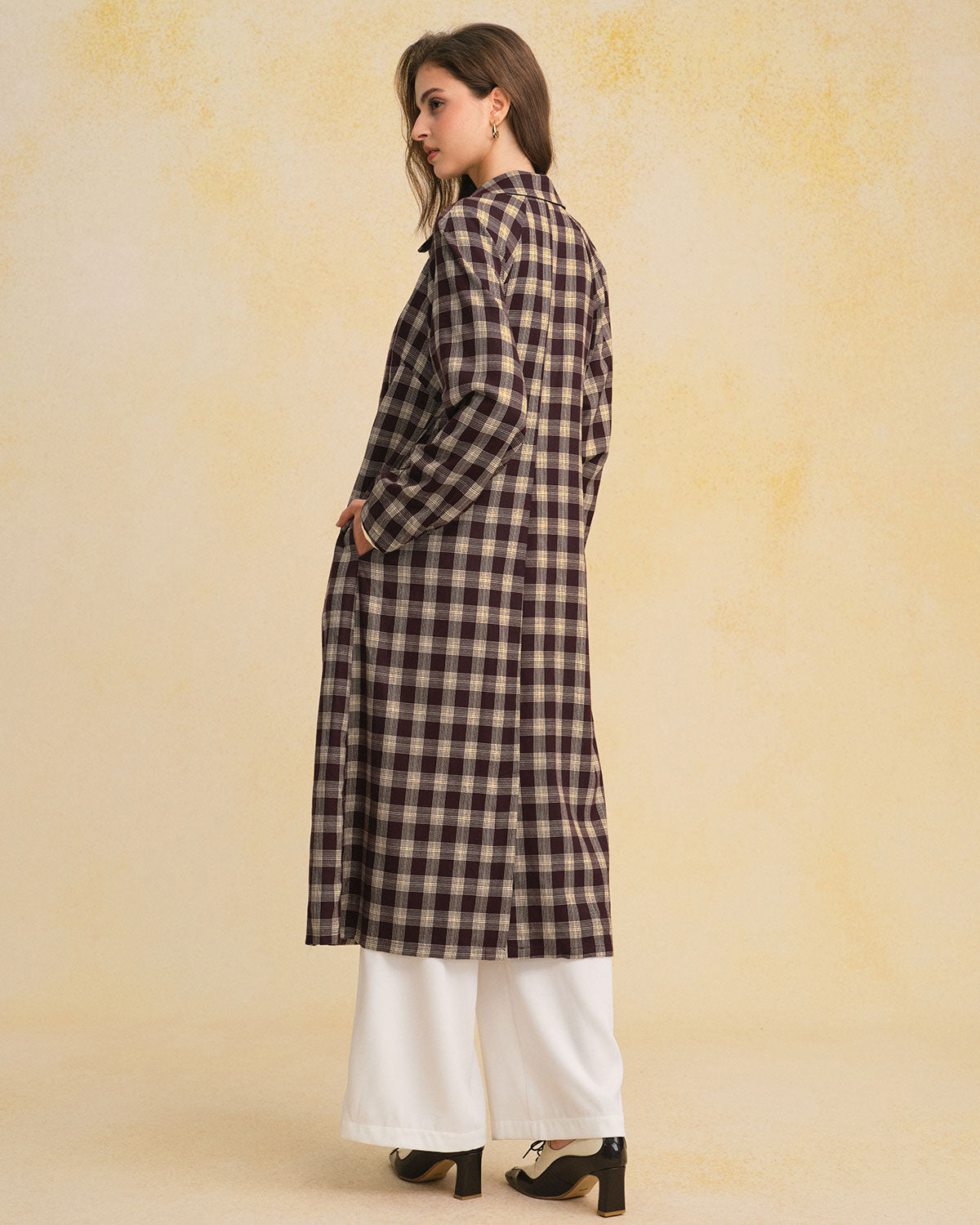 Longline Check Coat with Point Collar and Patch Pockets - Brown