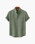 Mandarin Collar Short Sleeve Shirt with Half Placket - Green