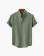 Mandarin Collar Short Sleeve Shirt with Half Placket - Green